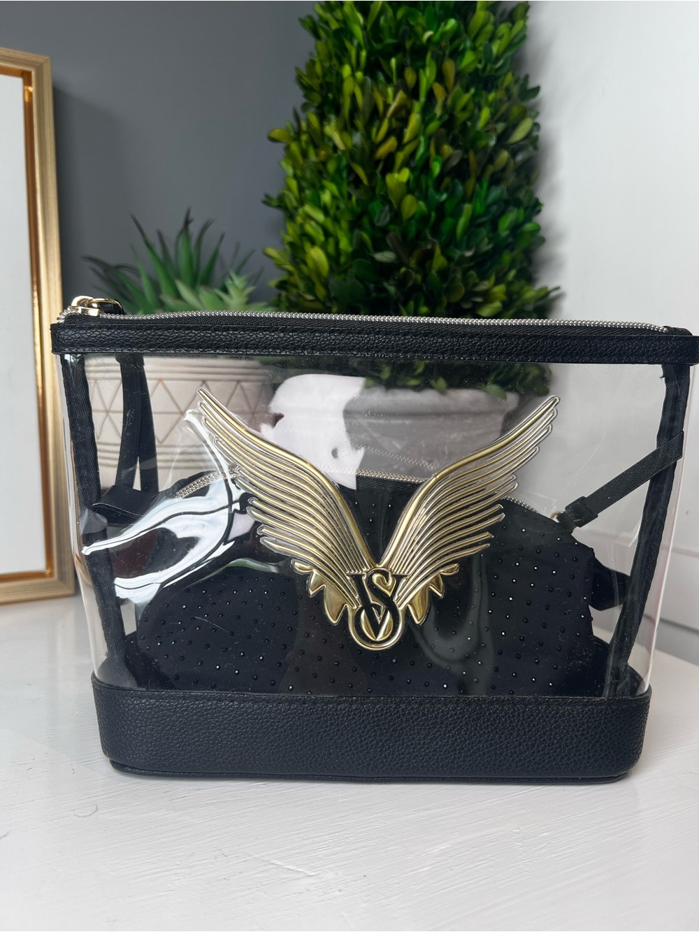 Victoria’s Secret Clear Cosmetic Bag Gold Wings Travel Makeup Pouch Black NWOT
